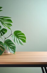 3d render. green indoor plant on empty wood table with plain wall blank space for product display. ai generative