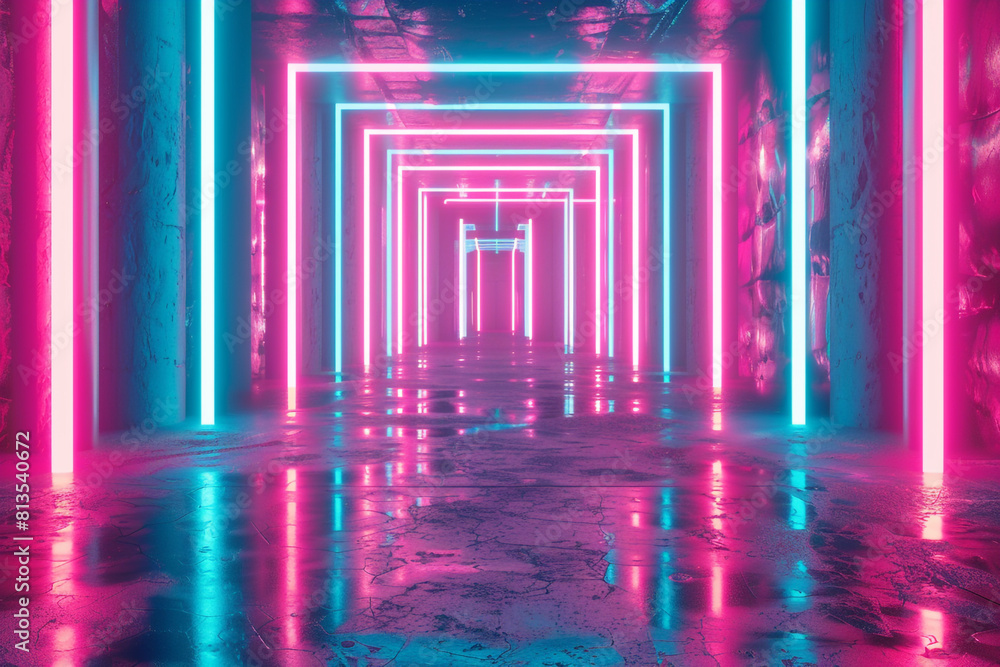 Poster 3d render, abstract neon background with pink and blue neon lines and reflection on the floor