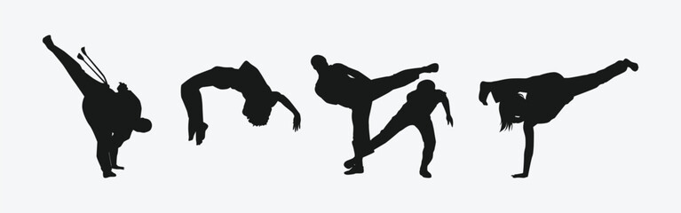 Fototapeta na wymiar Capoeira silhouettes set. Brazilian martial arts. Self-defense, fighting, dance. Different action, movement, pose. Graphic vector illustration.
