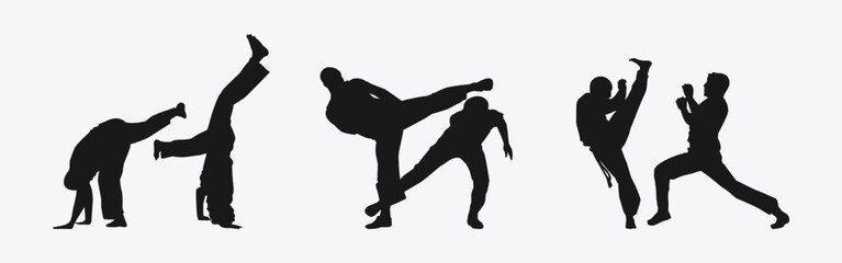 Capoeira silhouettes set. Brazilian martial arts. Self-defense, fighting, dance. Different action, movement, pose. Graphic vector illustration.