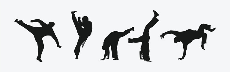 Capoeira silhouettes set. Brazilian martial arts. Self-defense, fighting, dance. Different action, movement, pose. Graphic vector illustration.