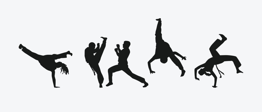 Capoeira silhouettes set. Brazilian martial arts. Self-defense, fighting, dance. Different action, movement, pose. Graphic vector illustration.