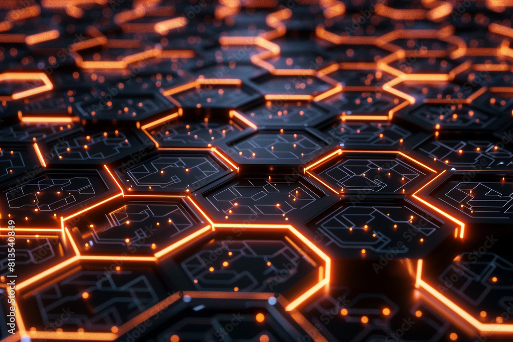 Aufkleber 3d rendered futuristic digital background, a complex network of illuminated hexagons and dynamic cir