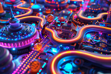 3D rendered digital landscape, a vibrant visualization of futuristic technology and interconnected neon systems 