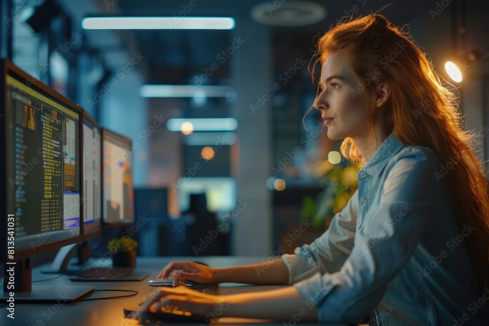 Poster a woman sitting at a desk using a computer. ideal for technology and business concepts