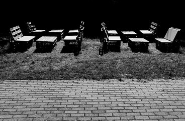 Morning Glow. City Park's Wooden Benches. Black  and white, monochrome.