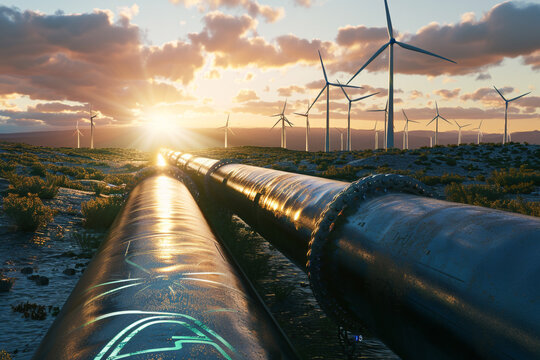 A hydrogen pipeline with wind turbines and in the background Green hydrogen production concept 