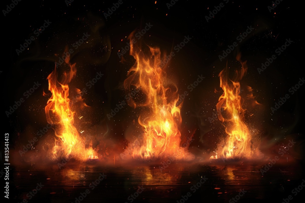 Poster a group of fire flames on a dark, dramatic background. perfect for adding intensity to your designs