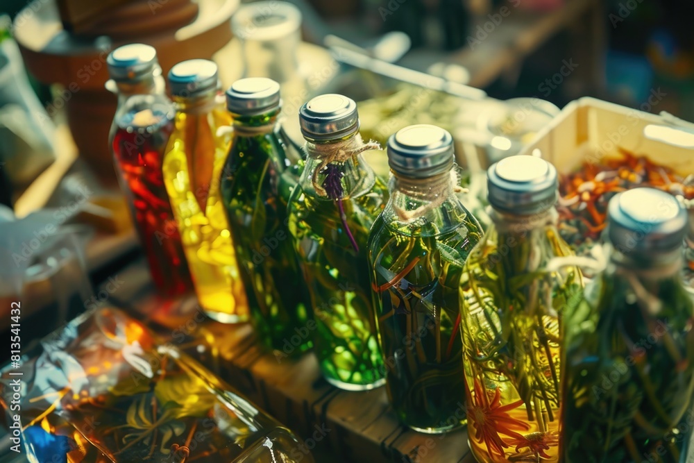 Poster Collection of bottles filled with colorful liquids, versatile for multiple uses