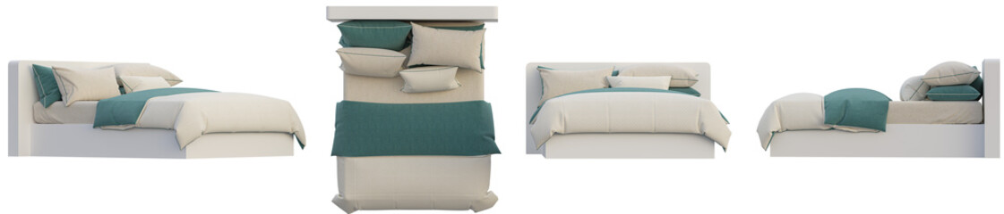 Bedroom set from various angles, 3D rendering transparent background