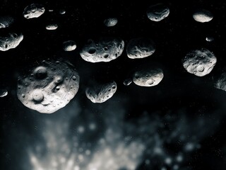 Asteroid field in space. Cosmic stones isolated. Cluster of large asteroids. Dangerous meteorites.
