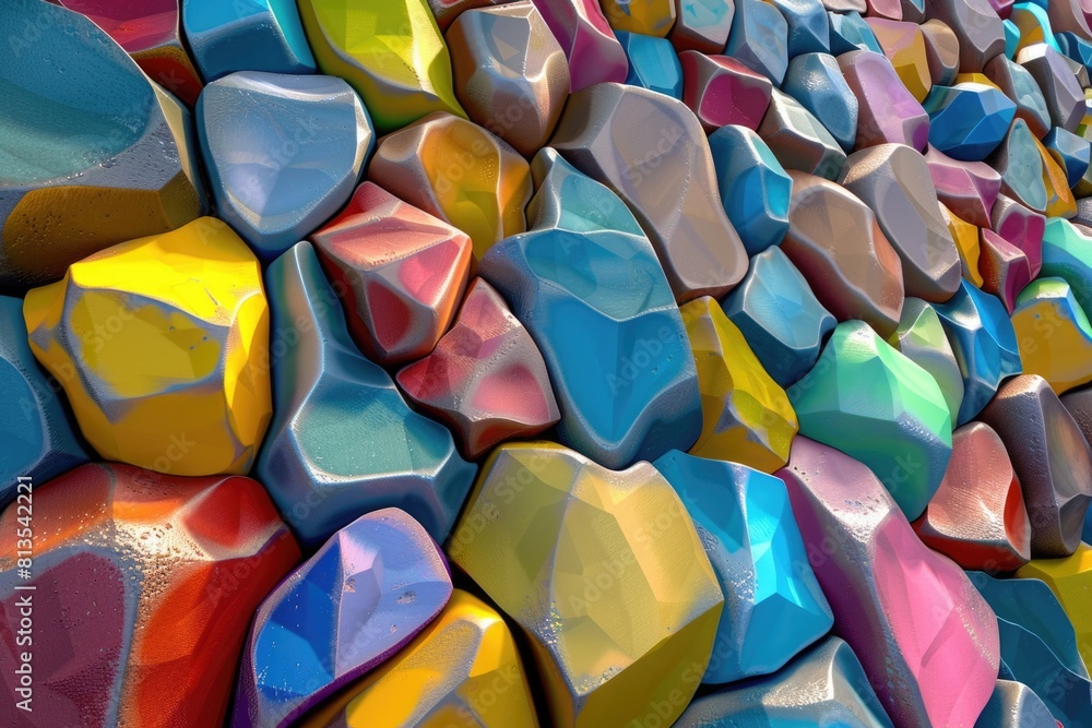 Poster a wall made up of many different colored rocks. ideal for backgrounds or textures