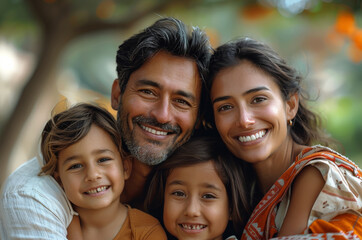 Obraz premium Happy American family of Indian descent enjoying a sunny day at a park. Generative AI.