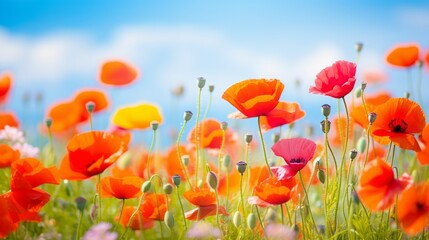 Obraz premium Beautiful closeup of poppies poppy Papaver rhoeas flowers in nature. Natural spring summer landscape with red poppies