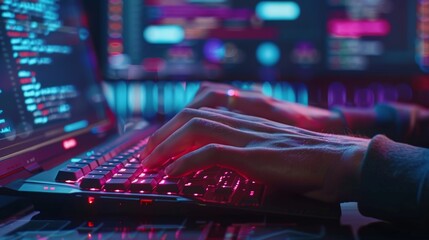 A close-up view of a programmer's hands typing code on a keyboard, with detailed keystrokes and software interface elements.