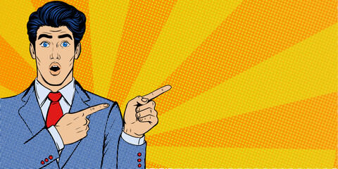 Surprised man with wide opened eyes and mouth. Pop art excited man points with finger at sales, discounts, special offer. Banner design template with copy space for text. Shocked, surprised character