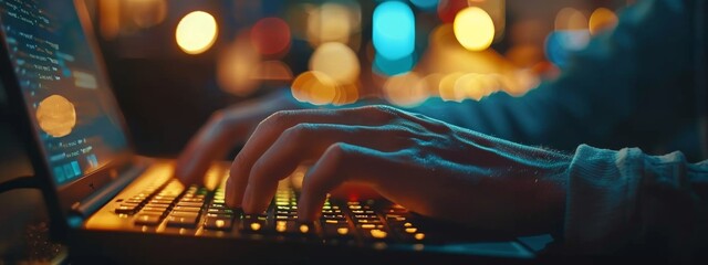 A close-up view of a programmer's hands typing code on a keyboard, with detailed keystrokes and software interface elements.