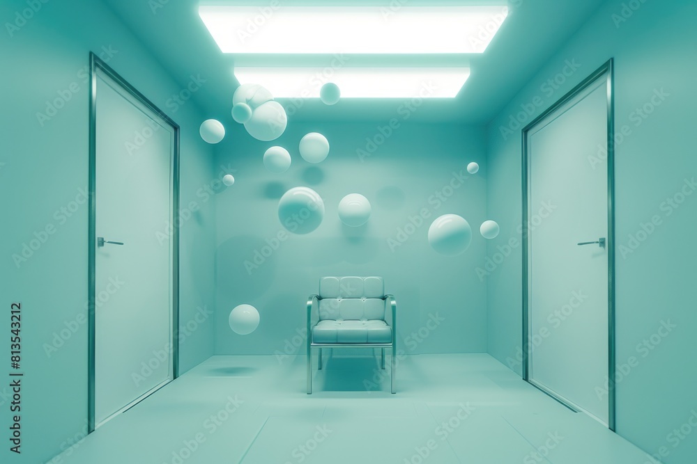 Poster a room with a chair surrounded by colorful balls. suitable for various concepts
