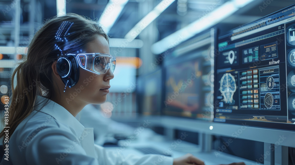 Aufkleber High-quality image of a software engineering director in a modern office who is working together with an AI assistant. Generative AI.