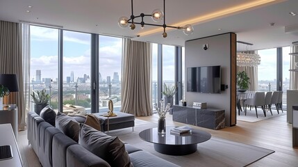 Modern open plan living room and dining area, featuring grey velvet furniture with neutral color accents, wooden floor, large windows with white curtains overlooking the city skyline. Generative AI.