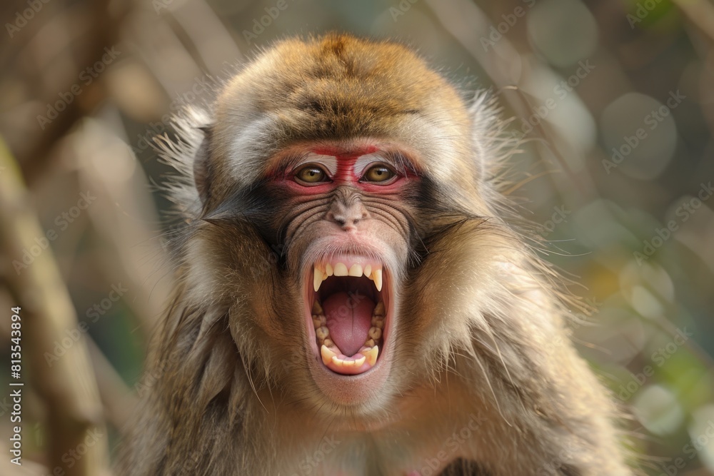 Poster close-up of a monkey with its mouth open, suitable for various wildlife themes
