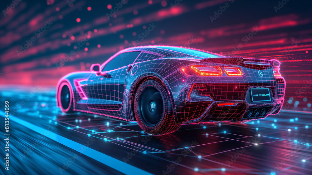 Poster futuristic car with wireframe intersection with digital user interface environment.
