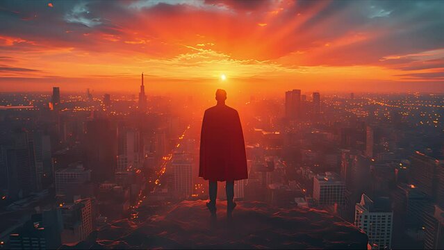superhero businessman looking at city. Created with Generative AI.