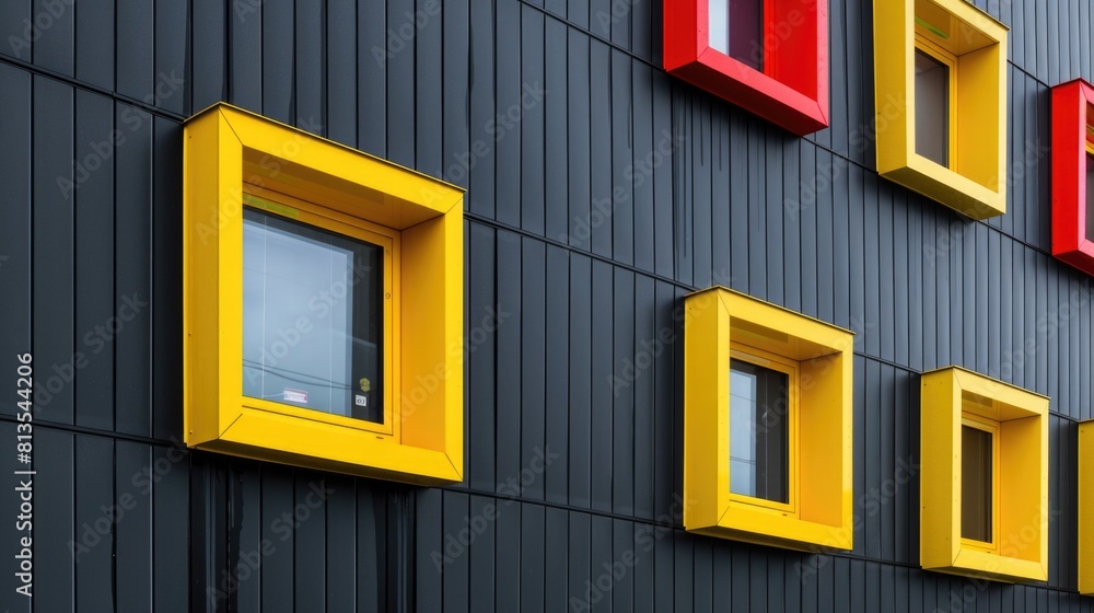 Poster modern black building with vibrant yellow and red windows. suitable for architectural projects or ur