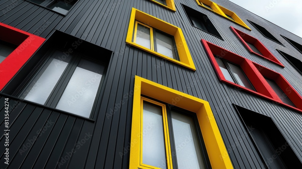 Poster a unique black building with striking yellow and red windows. ideal for architectural design concept