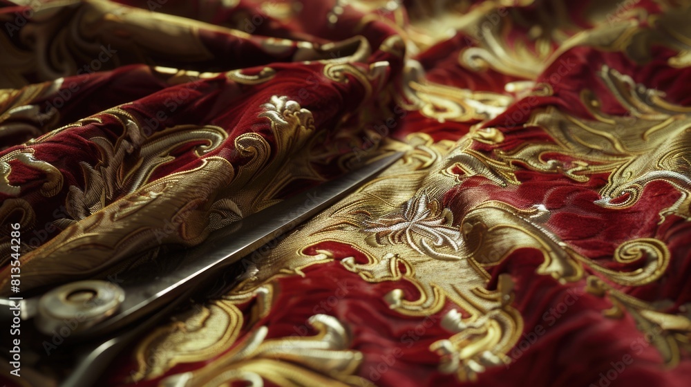 Poster a pair of scissors resting on a vibrant red and gold fabric. ideal for craft or sewing projects