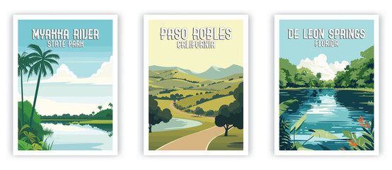 Myakka River, Paso Robles, De Leon Springs Illustration Art. Travel Poster Wall Art. Minimalist Vector art
