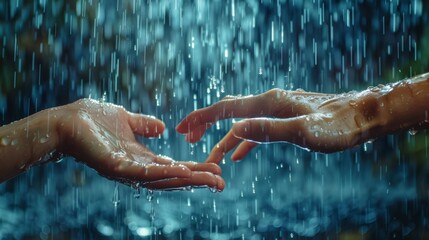 A pair of hands reaching out to each other, with raindrops forming a connection between them, representing the power of connection despite distance.