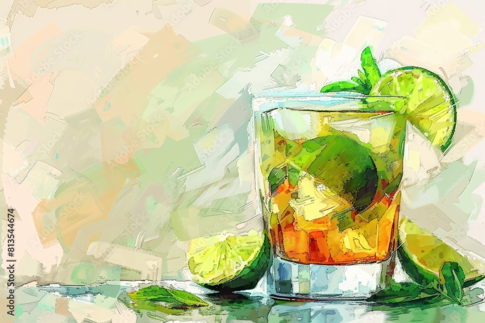 Poster A vibrant painting of a drink with limes and a slice of lime. Perfect for summer vibes and tropical themes