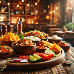 A wooden table top adorned with delicious Mexican cuisine, including tacos, enchiladas, and guacamole,