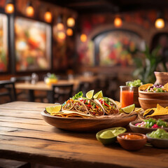 Wooden Table Top with mexican food Blurred mexican food Restaurant lBackground