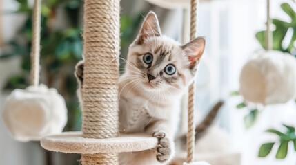 Adorable Cat Playing on Cat Climber, Joyful and Playful Pet Activity
