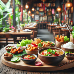 Wooden Table Top with Thai food Blurred Thai Restaurant Background