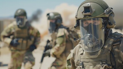 A group of soldiers wearing protective gear. Suitable for military or security concept
