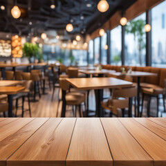 Fototapeta premium Empty wood table and restaurant blur background with bokeh image.