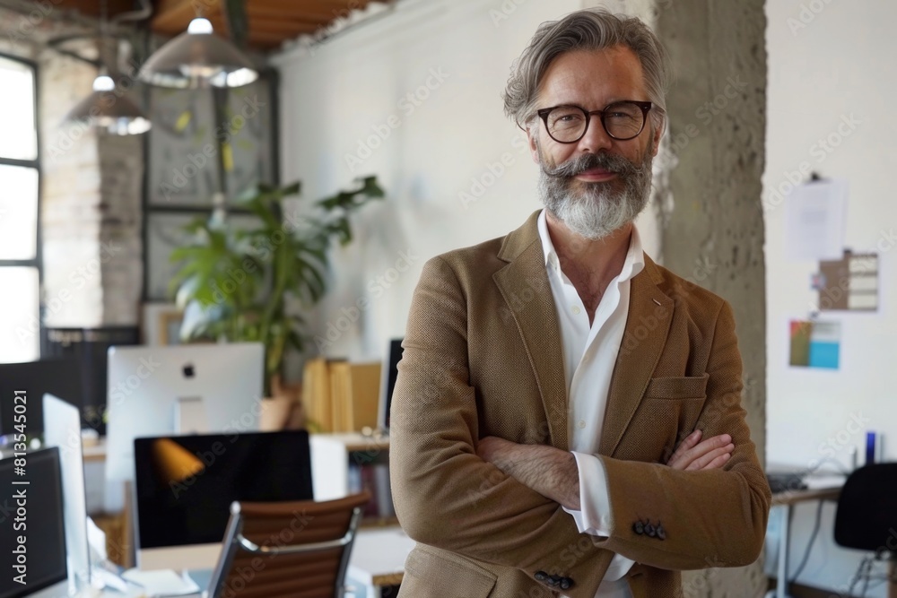 Poster a man with a beard and glasses standing in an office. suitable for business and office-related conce