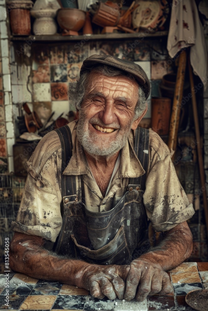 Poster a man sitting at a table in a workshop, suitable for industrial and business concepts