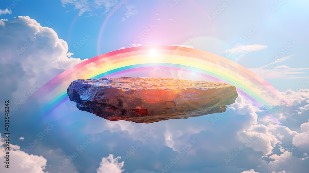 Poster a floating rock platform in the sky with a rainbow and clouds in background
