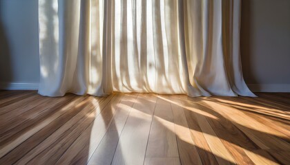 White Curtain Shadow on Wooden Floor Background. Highlighting Quality Laminate Flooring Concept