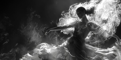 A black and white photo of a woman in a flowing dress. Suitable for fashion or artistic concepts