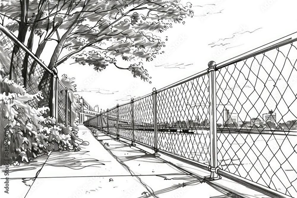 Poster black and white drawing of a fenced in area, suitable for various design projects