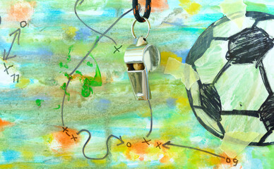 Whistle of soccer referee or coach and soccer ball on grungy background.Great international soccer...