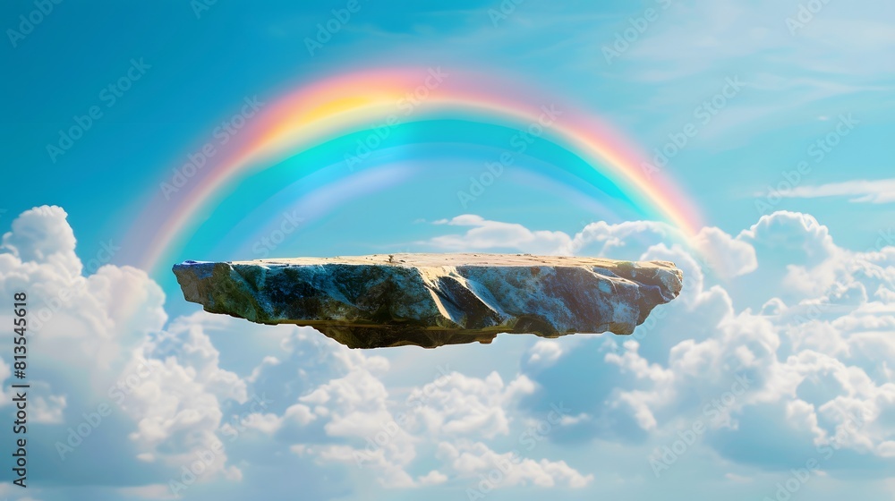 Aufkleber a floating rock platform in the sky with a rainbow and clouds in background