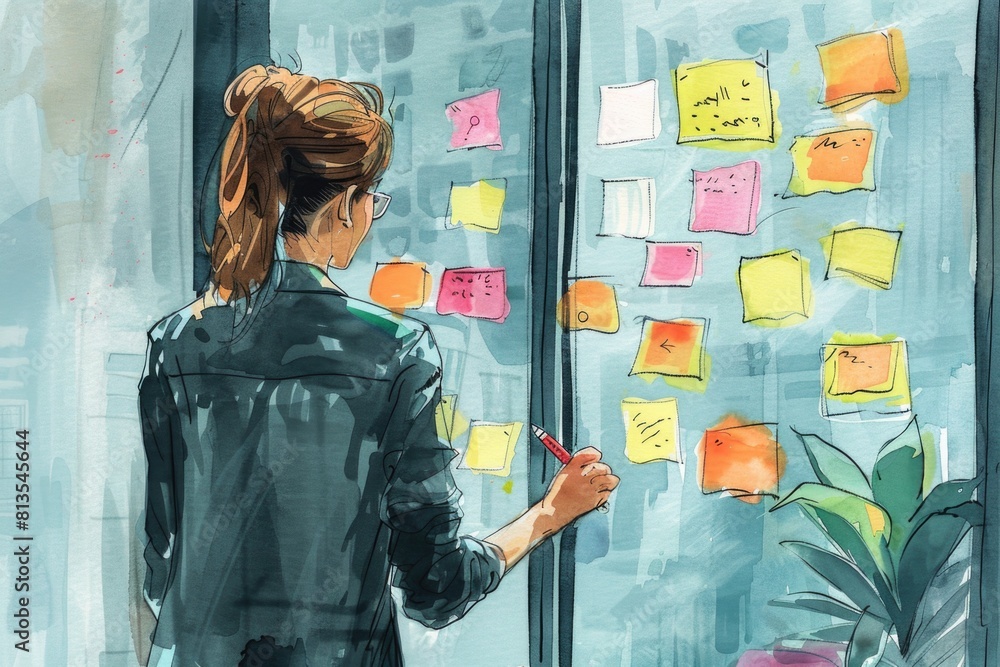 Poster a woman looking at colorful post it notes on a window. suitable for office or organization concepts