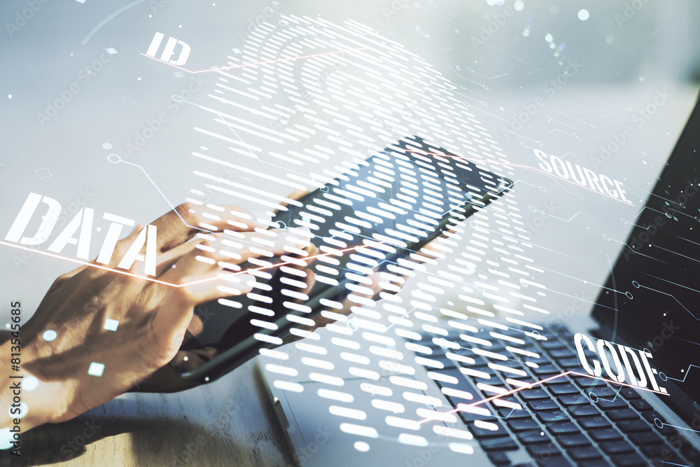 Poster double exposure of abstract creative fingerprint hologram with finger clicks on a digital tablet on 