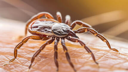 Macro shot of a tick on human skin, illustrating the risk of tick-borne diseases
